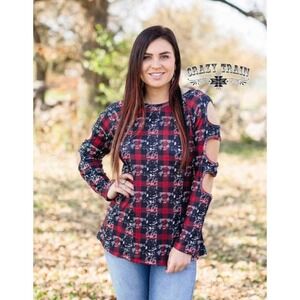 Crazy Train Buffalo Plaid Cowboy Top Shirt Cut Out Sleeve Edgy Western Fall‎ XL